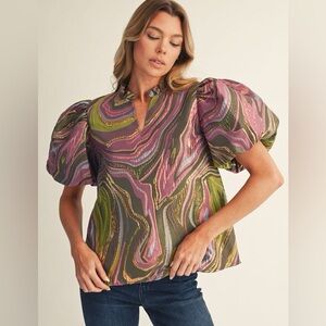 Purple multi banded jacquard tapestry puff sleeve western tunic top shirt blouse
